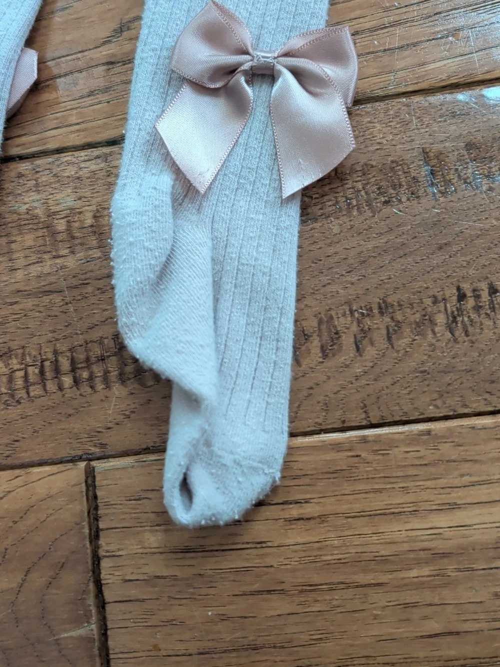 Petit Maison Kids Tan Light Pink Ribbed Kids Tights with Pink Satin Bows